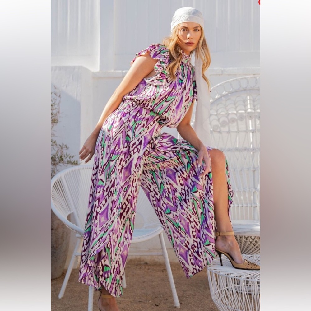 easel Purple Multi-Print Wide-Leg 2 Piece with Green Accents NEW
